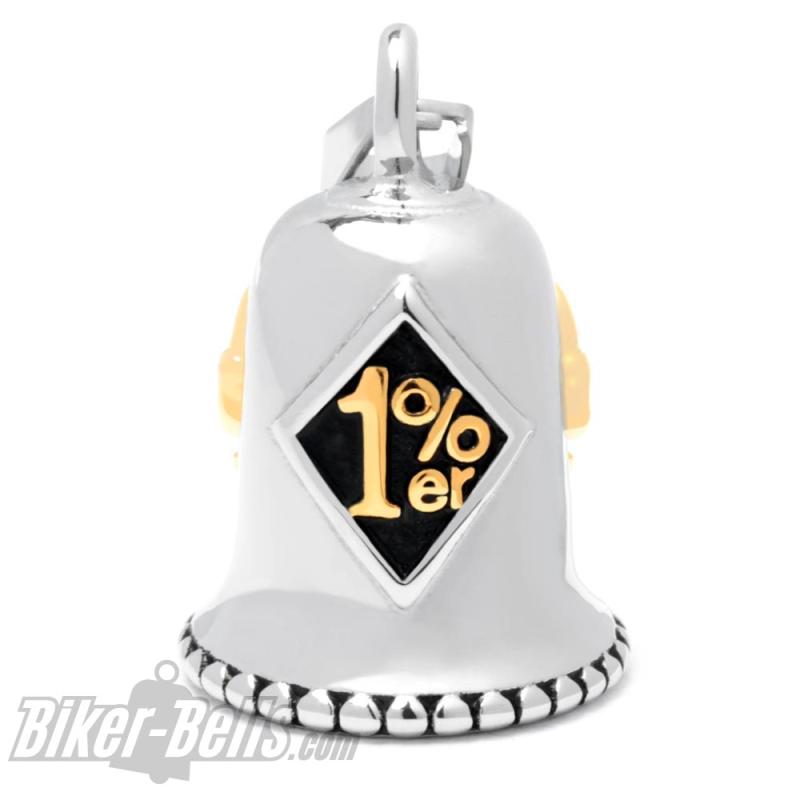 Massive Outlaw Biker-Bell mit goldenem 1%er Onepercenter Edelstahl Motorrad Glocke